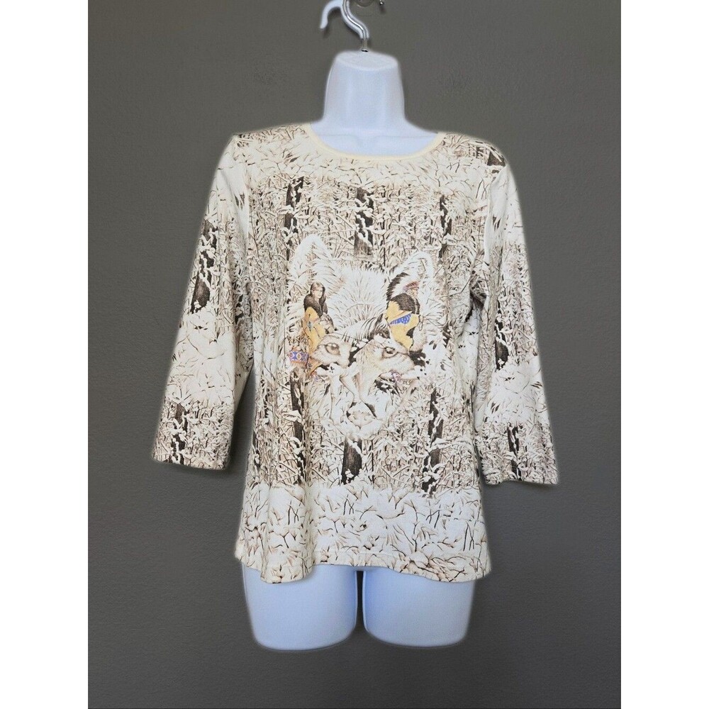 Vintage 90s Wolf Native American Cotton 3/4 Sleeve Shirt Medium